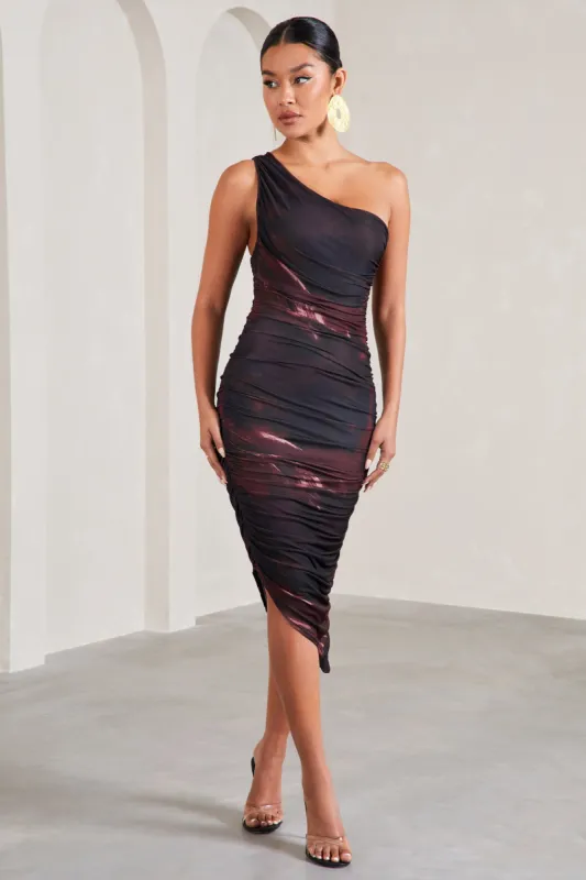 Dorit | Plum Print One Shoulder Asymmetric Ruched Midi Dress sold by Club L London