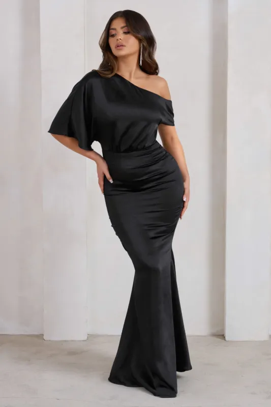 Sabrina | Black Asymmetric Off The Shoulder Satin Maxi Dress sold by Club L London