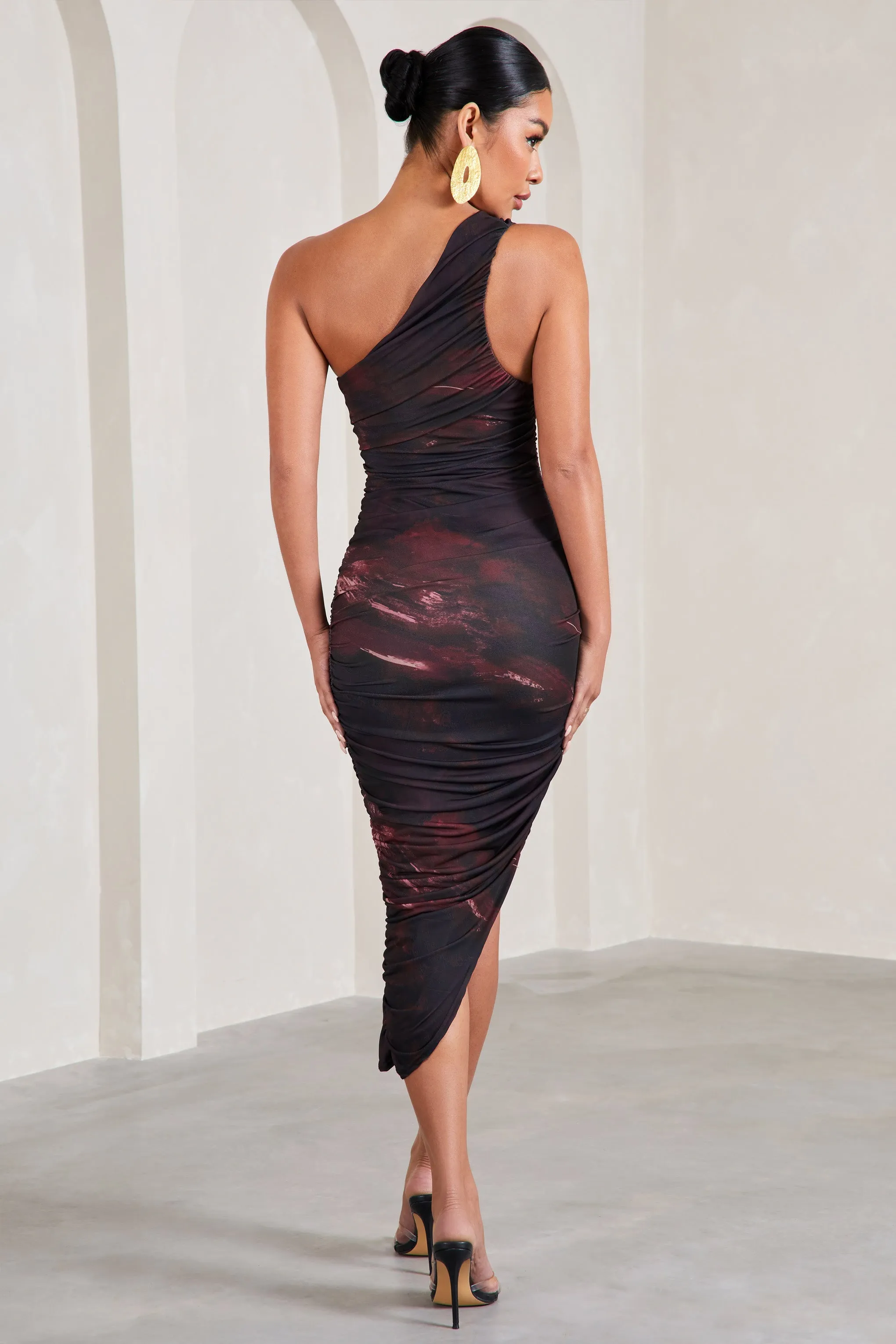 Dorit | Plum Print One Shoulder Asymmetric Ruched Midi Dress sold by Club L London product image thumbnail 2