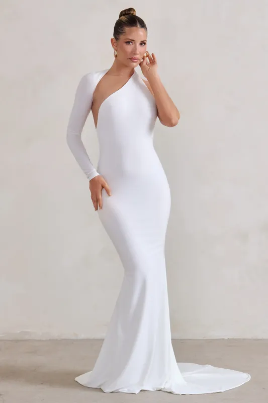 Katarina | White One Shoulder Fishtail Maxi Dress sold by Club L London
