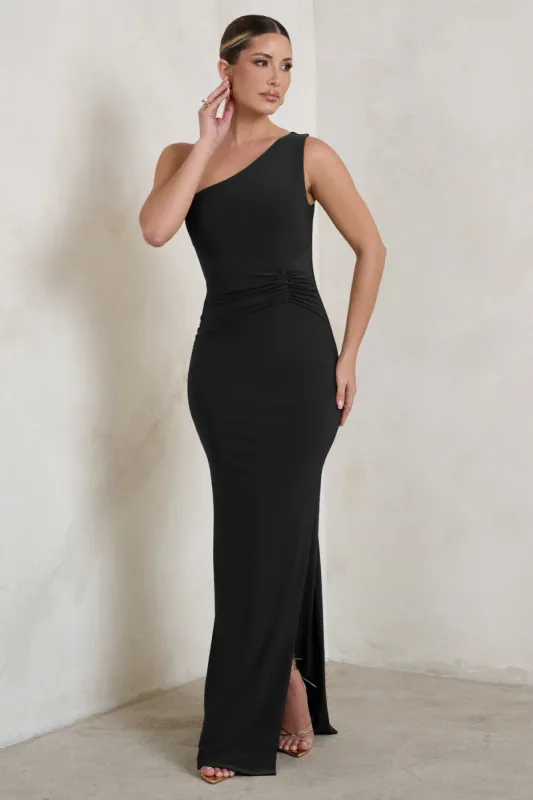 Kary | Black One Shoulder Thigh Split Maxi Dress sold by Club L London