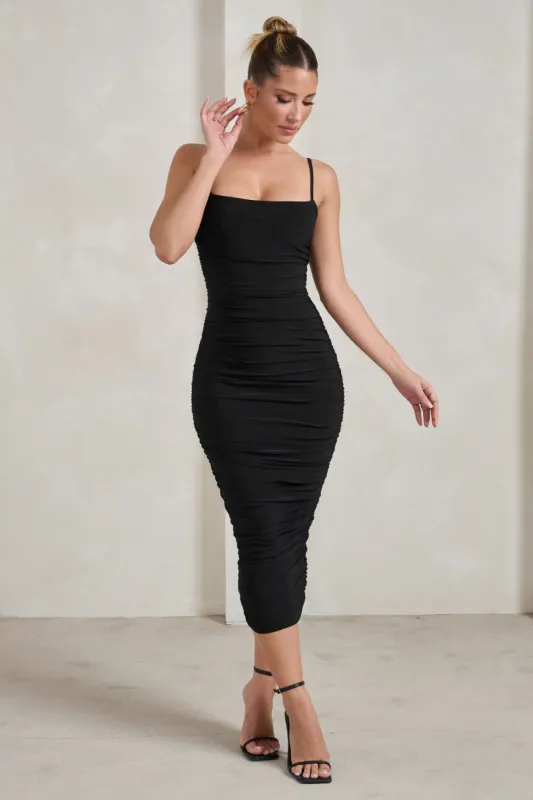 Saffy | Black Cami Mesh Ruched Midi Dress sold by Club L London