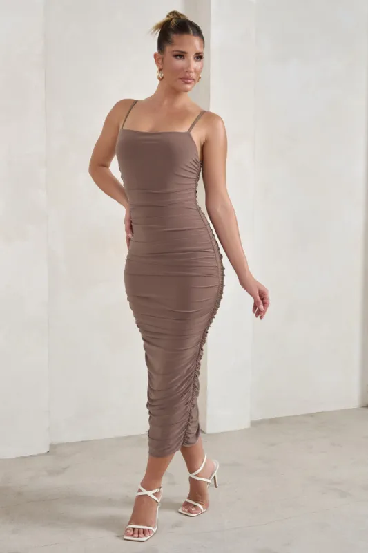 Saffy | Brown Cami Mesh Ruched Midi Dress sold by Club L London