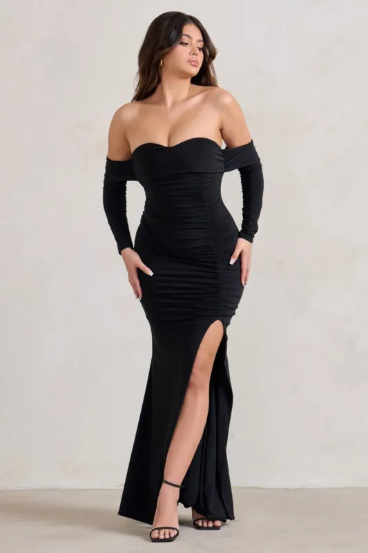 Midnight | Black Draped Long Sleeve Maxi Dress sold by Club L London