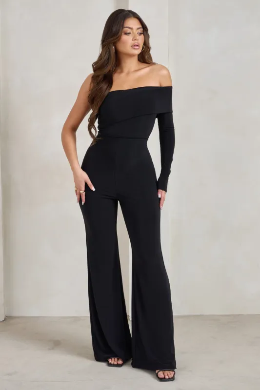 Margie | Black One Sleeve Bardot Jumpsuit sold by Club L London