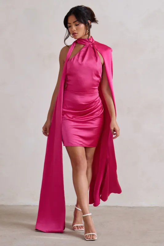 Laurelie | Hot Pink Satin Statement Cape Design Mini Dress sold by Club L London