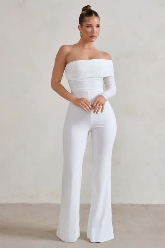 Margie | White One Sleeve Bardot Jumpsuit sold by Club L London