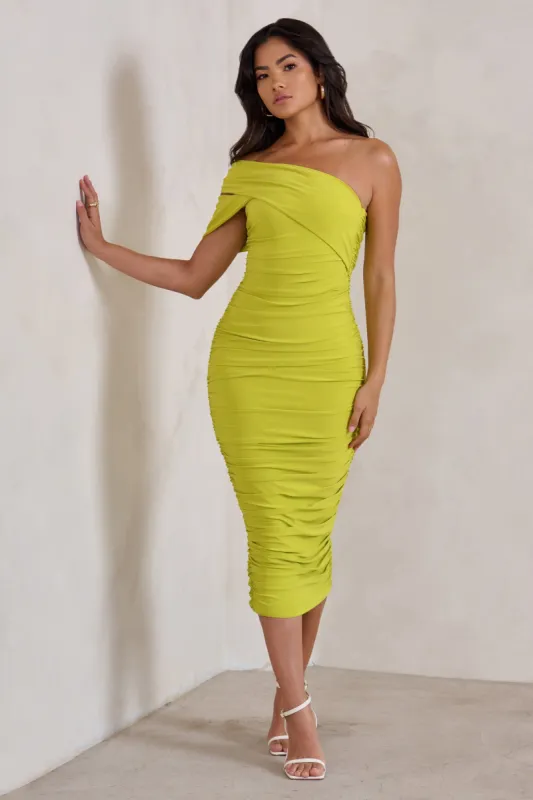 Cici | Lime Green Asymmetric One Shoulder Ruched Midi Dress sold by Club L London