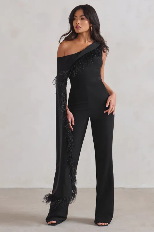 Cindy | Black One-Shoulder Cape Jumpsuit with Feather Trim sold by Club L London