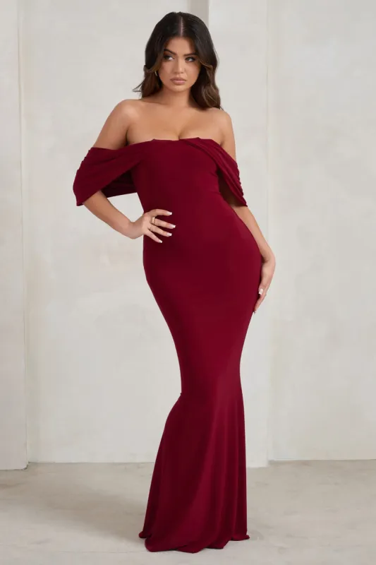 Gabrielle | Berry Red Bardot Neckline With Drape Sleeves Maxi Dress sold by Club L London