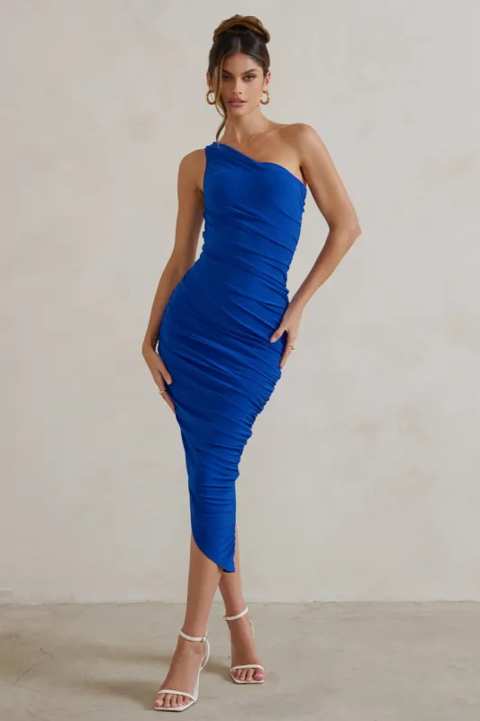 Dorit | Cobalt Blue One Shoulder Asymmetric Ruched Midi Dress sold by Club L London