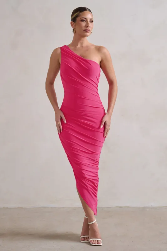 Dorit | Hot Pink One Shoulder Asymmetric Ruched Midi Dress sold by Club L London