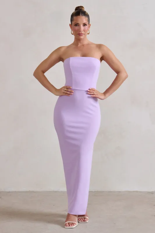 Dina | Lilac Bandeau Maxi Dress With Split sold by Club L London