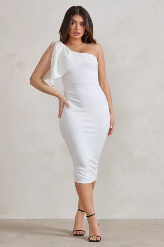 Samantha | White One Shoulder Bow Detail Midi Dress sold by Club L London