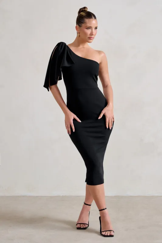 Samantha | Black One Shoulder Bow Detail Midi Dress sold by Club L London