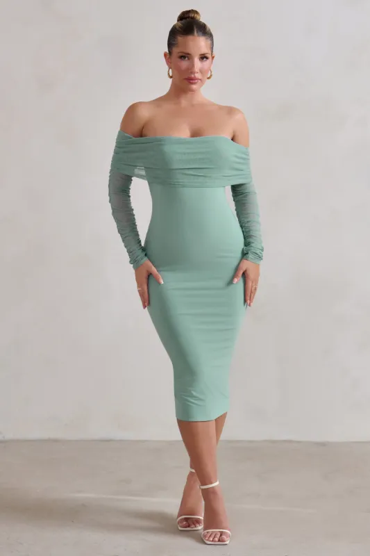 Only You | Sage Ruched Mesh Bardot Midi Dress sold by Club L London