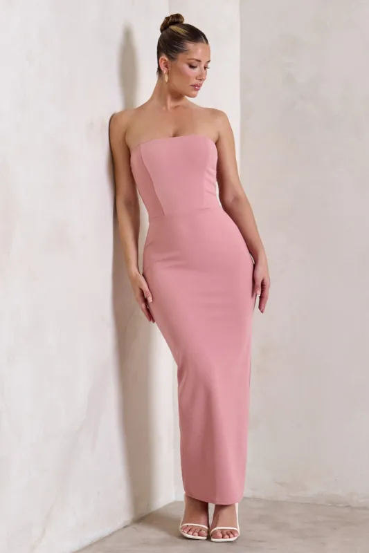 Dina | Powder Pink Bandeau Maxi Dress With Split sold by Club L London