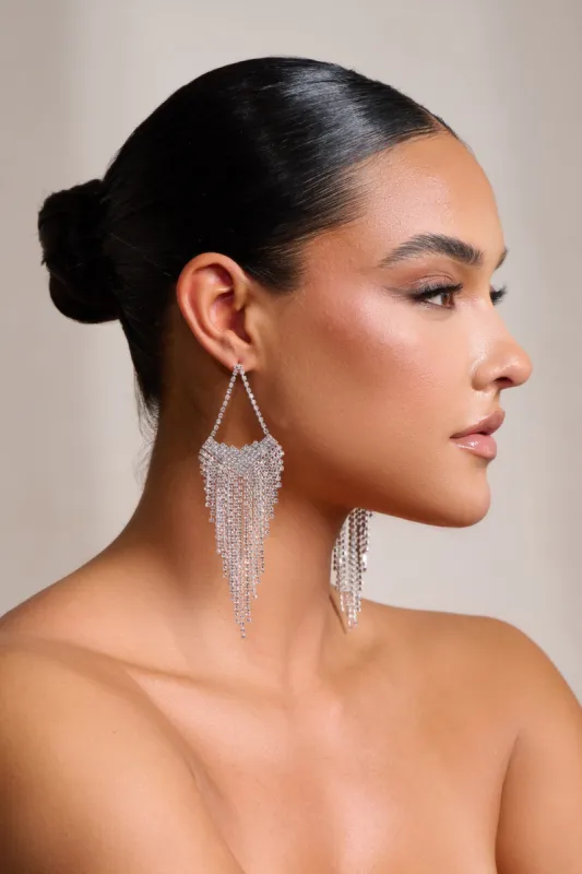 Cassandra | Silver Diamante Tassel Drop Earrings sold by Club L London