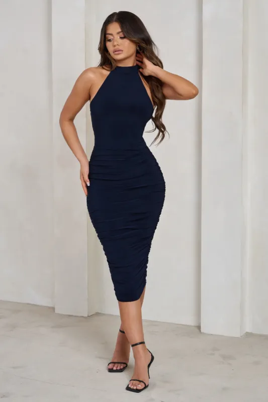 Chrissy | Navy Halterneck Ruched Midi Dress sold by Club L London