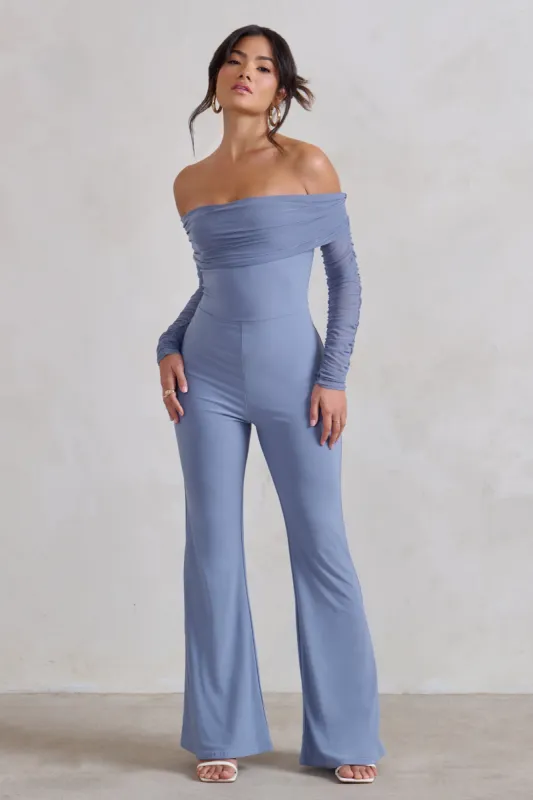 Whisper | Ice Blue Ruched Mesh Bardot Jumpsuit sold by Club L London