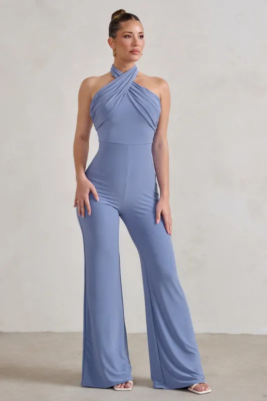 Goddess | Ice Blue Halter Neck Flare Jumpsuit sold by Club L London