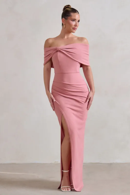 Eva | Powder Pink Bardot Bow Detail Maxi Dress With Thigh Split sold by Club L London
