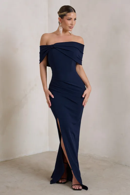 Eva | Navy Bardot Bow Detail Maxi Dress With Thigh Split sold by Club L London