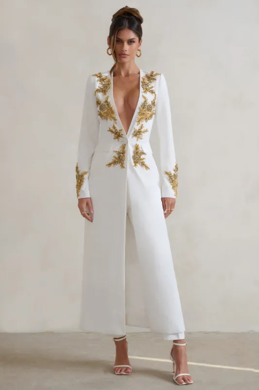 Matilda | White Plunge Floor Length Jacket with Gold Embroidery sold by Club L London
