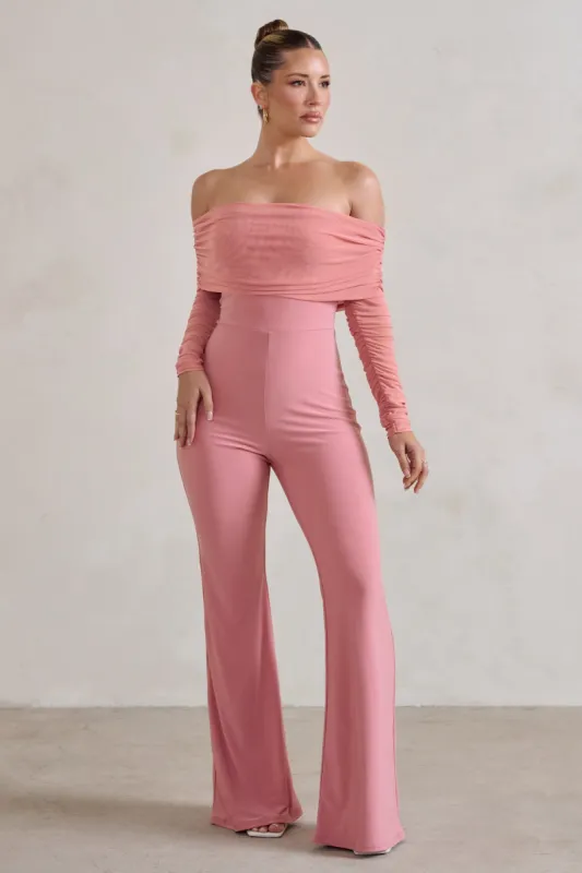 Whisper | Powder Pink Ruched Mesh Bardot Jumpsuit sold by Club L London