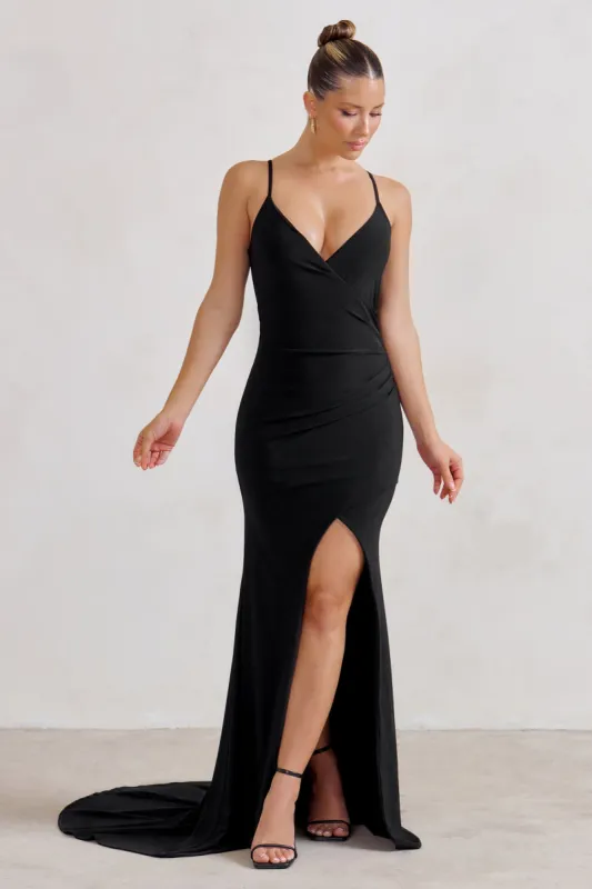 Sammi | Black Cami Plunge Wrap Maxi Dress sold by Club L London