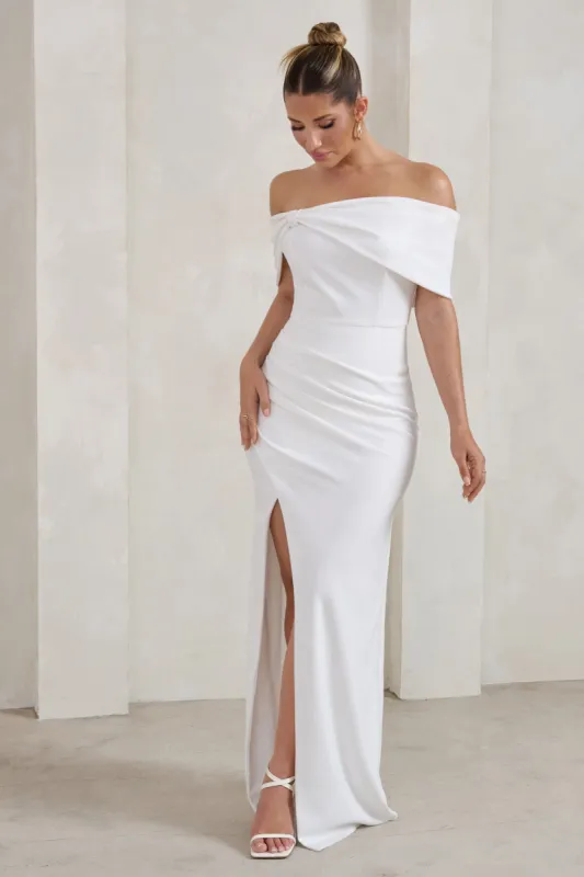 Eva | White Bardot Bow Detail Maxi Dress With Thigh Split sold by Club L London