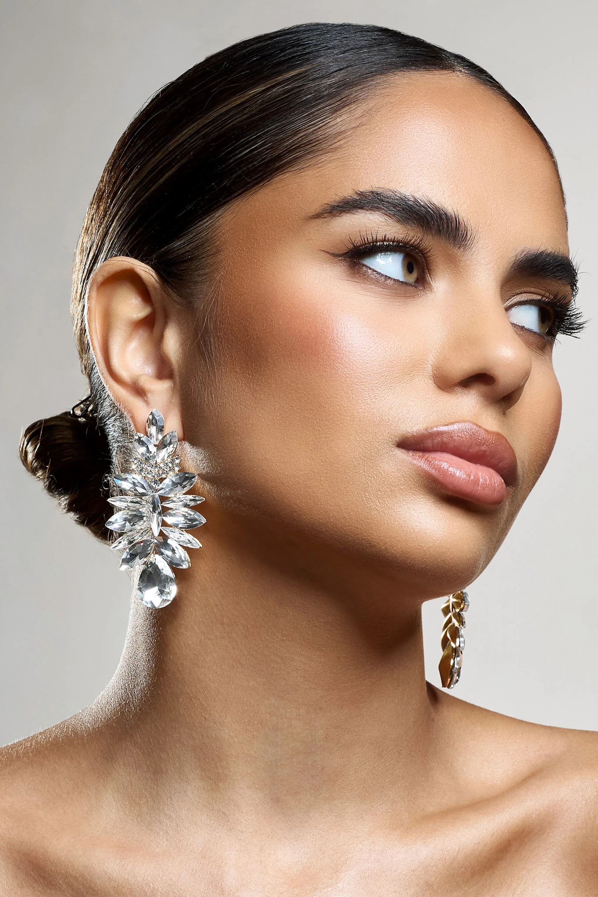 Refractive | Gold Diamante Statement Earrings sold by Club L London