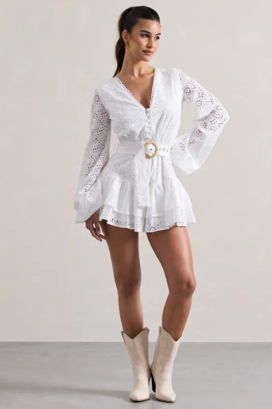 Places To Be | White Broderie Belted Ruffled Playsuit sold by Club L London