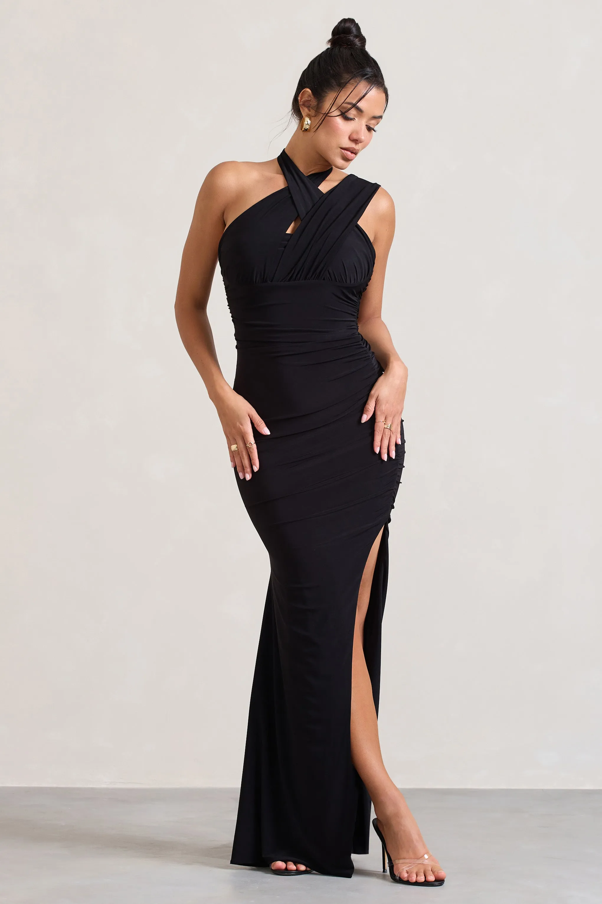 Ignite | Black Strappy Halter-Neck Asymmetric Maxi Dress sold by Club L London product image thumbnail 5
