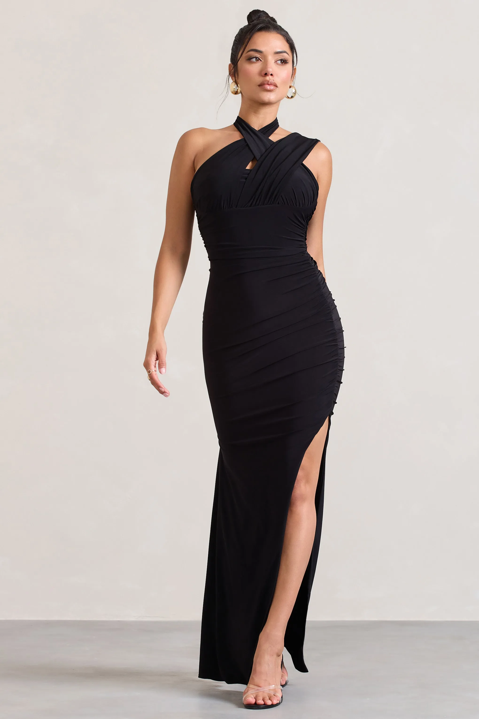 Ignite | Black Strappy Halter-Neck Asymmetric Maxi Dress sold by Club L London