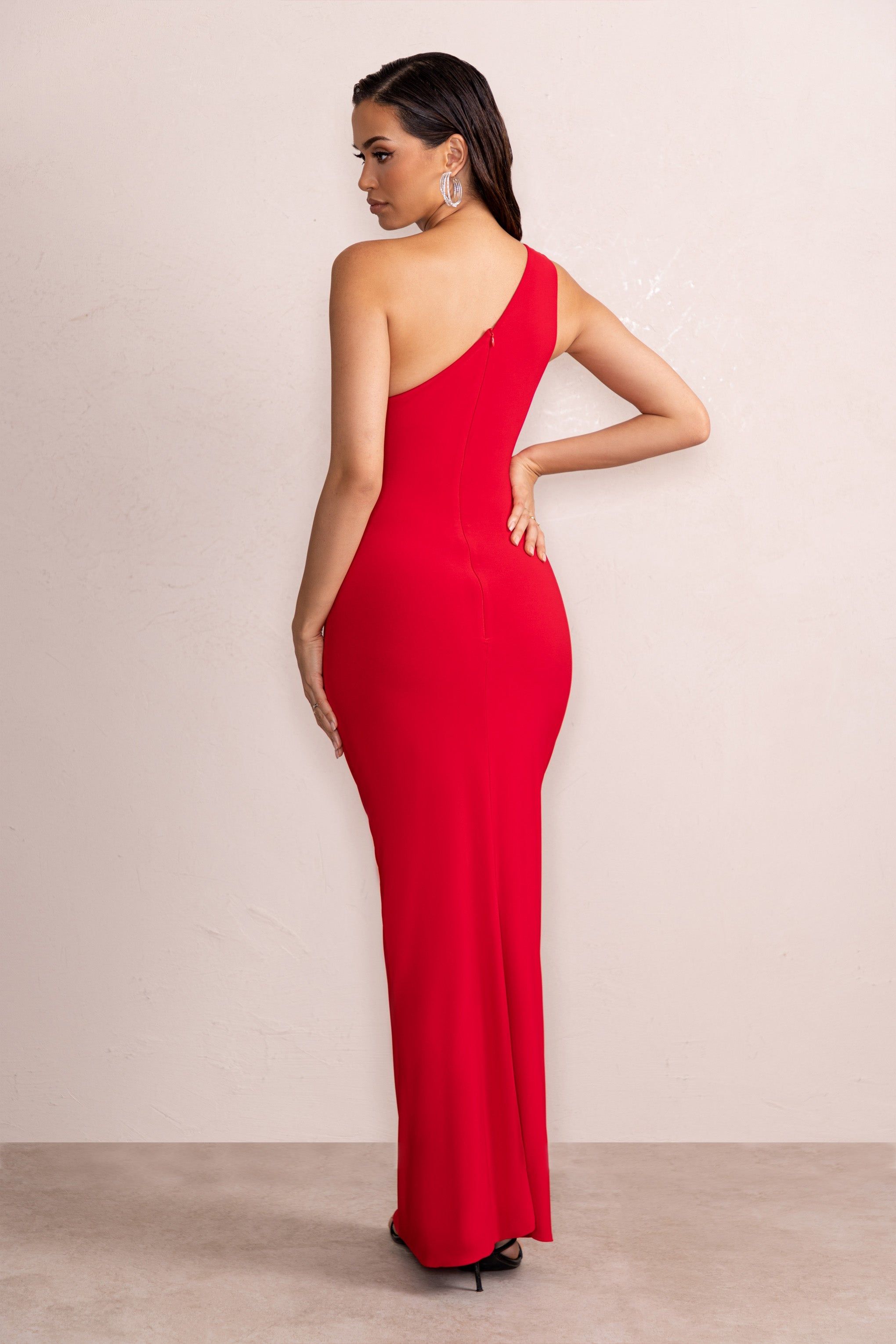 Ethereal | Red One Shoulder Ruched Split Maxi Dress sold by Club L London product image thumbnail 2