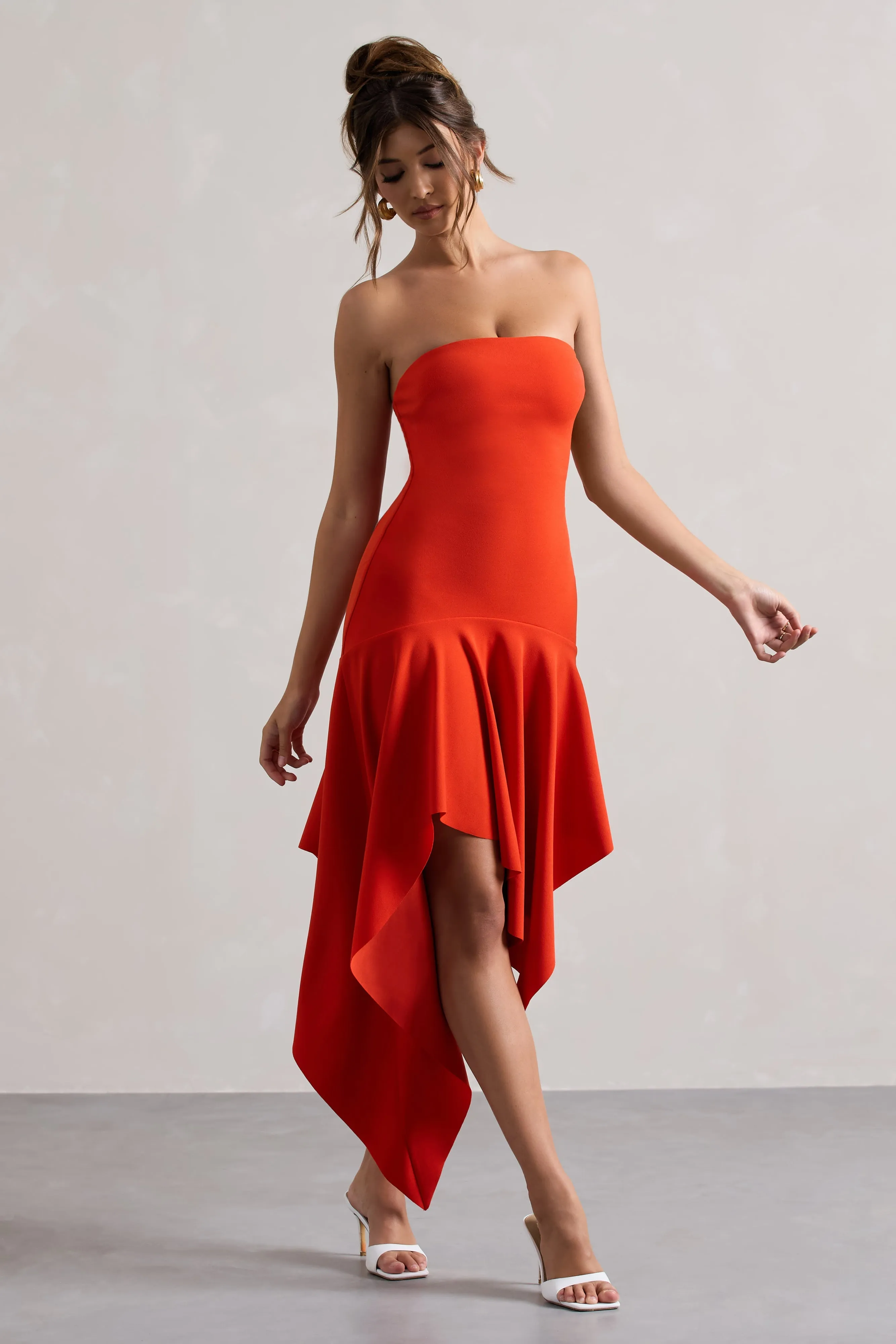 Catalina | Orange Bandeau Maxi Dress With Draped Hem sold by Club L London