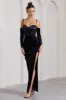 Meribel | Navy Velvet & Satin Long-Sleeved Corset Maxi Dress sold by Club L London