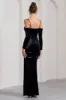 Meribel | Navy Velvet & Satin Long-Sleeved Corset Maxi Dress sold by Club L London