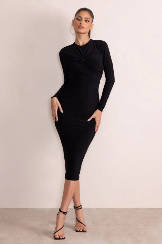 Anna | Black High Neck Twist Front Bodycon Midi Dress With Long Sleeves sold by Club L London