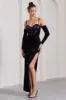 Meribel | Navy Velvet & Satin Long-Sleeved Corset Maxi Dress sold by Club L London