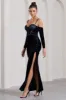 Meribel | Navy Velvet & Satin Long-Sleeved Corset Maxi Dress sold by Club L London
