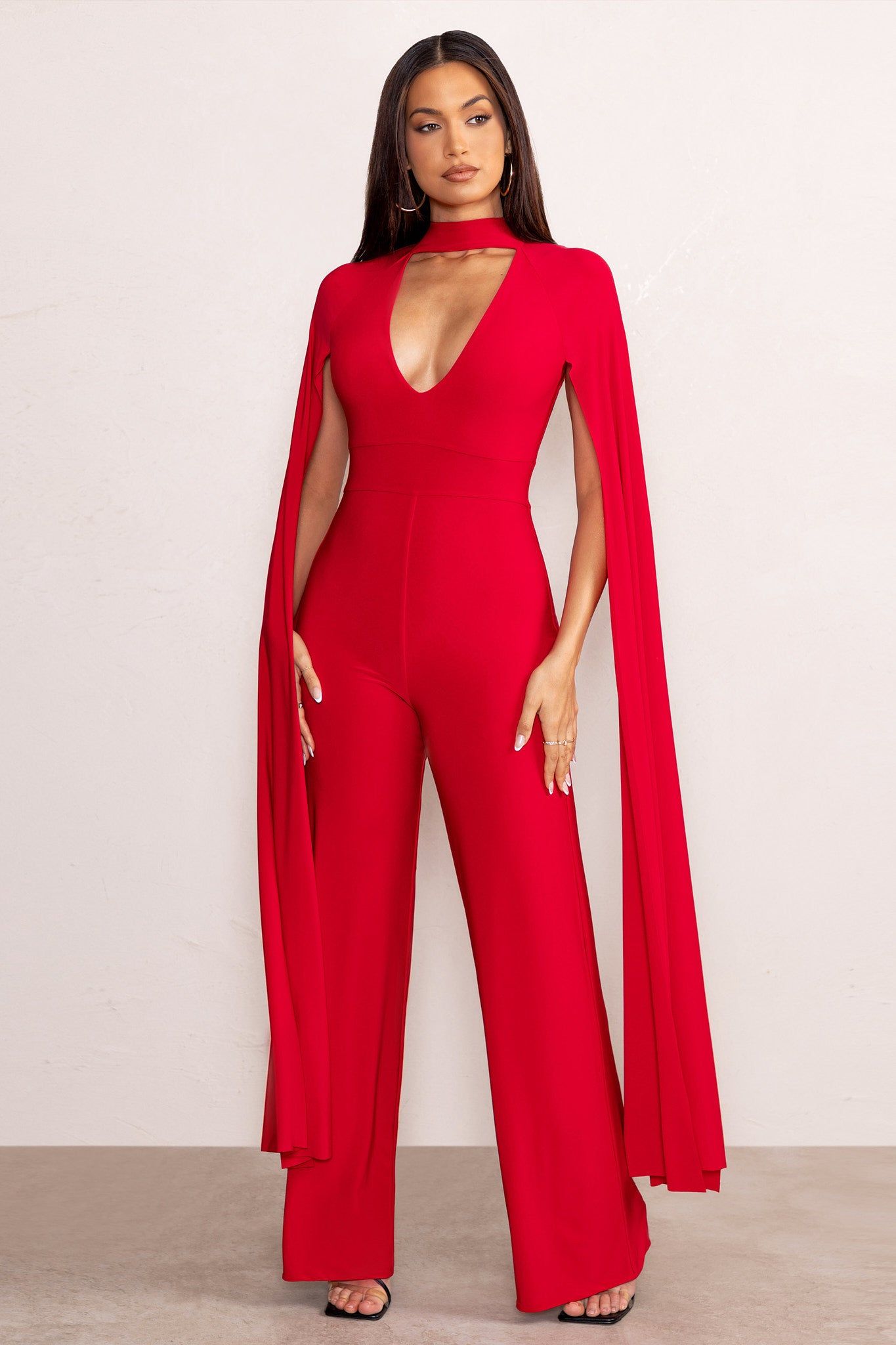 Louisa | Red Plunge Neck Jumpsuit with Floor Length Cape Sleeves sold by Club L London product image thumbnail 2