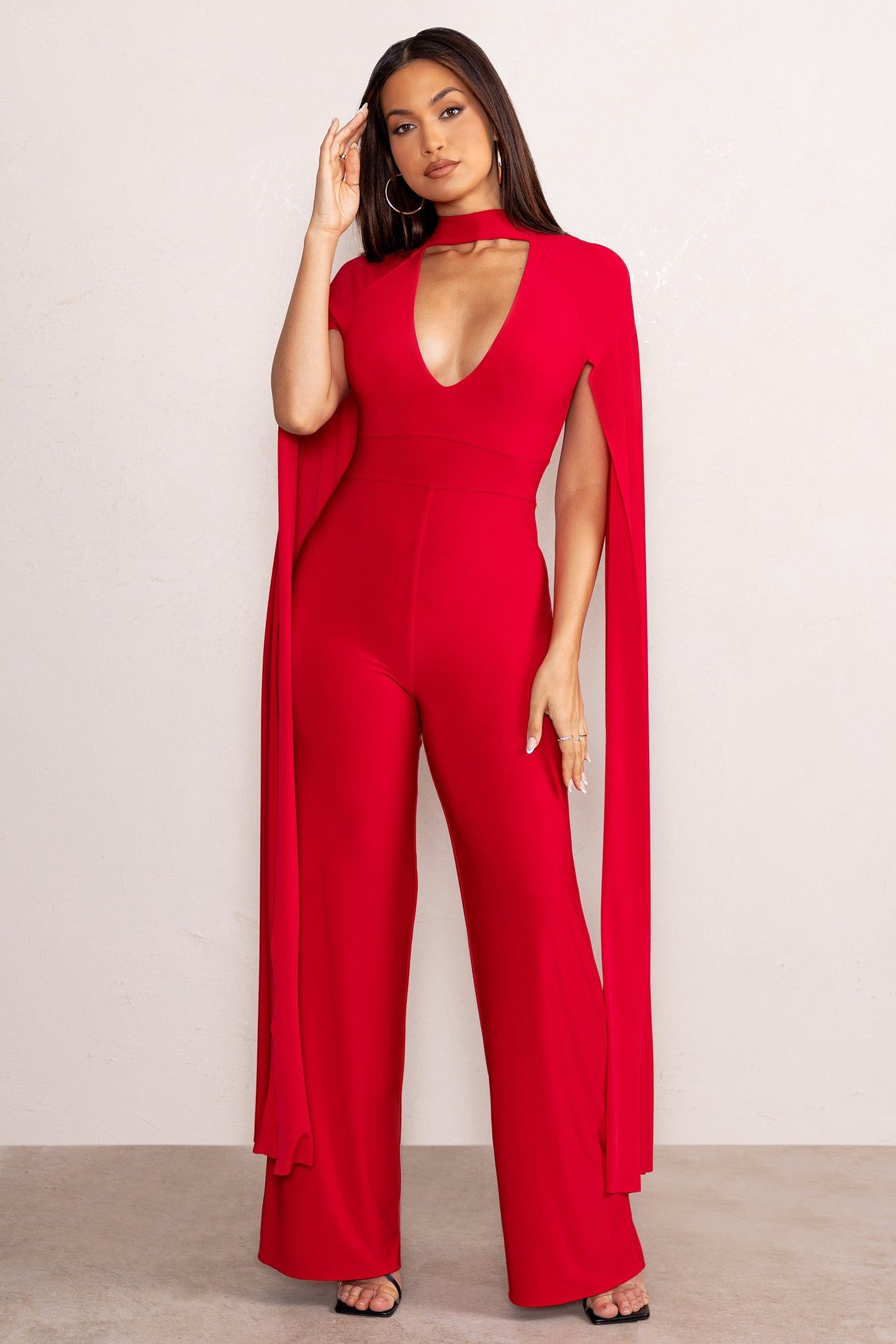 Louisa | Red Plunge Neck Jumpsuit with Floor Length Cape Sleeves sold by Club L London product image thumbnail 6