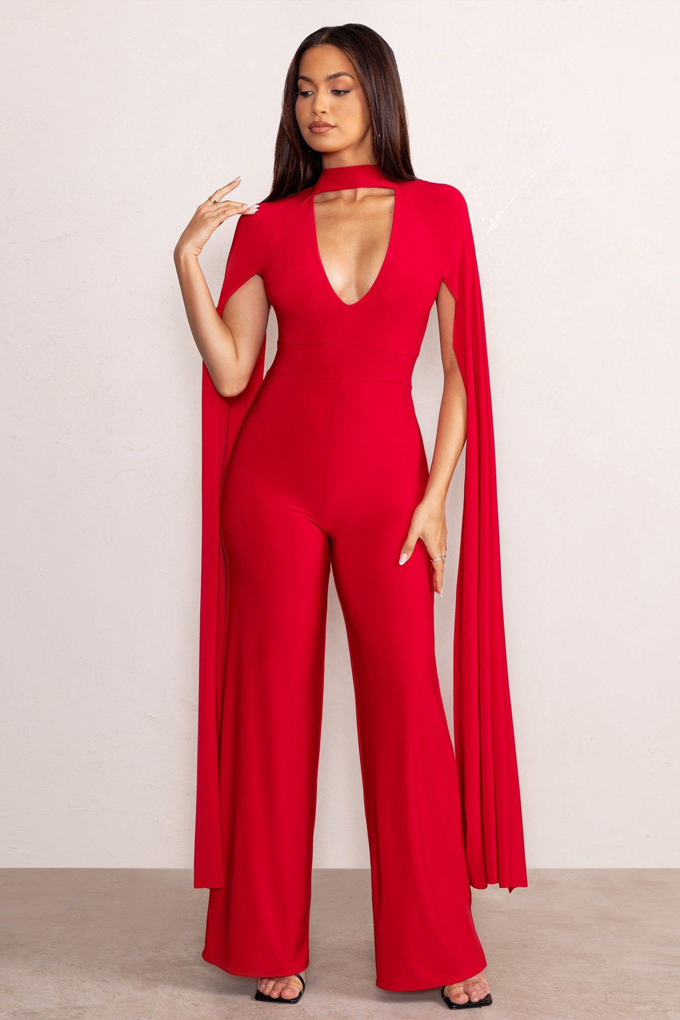 Louisa | Red Plunge Neck Jumpsuit with Floor Length Cape Sleeves sold by Club L London product image thumbnail 5