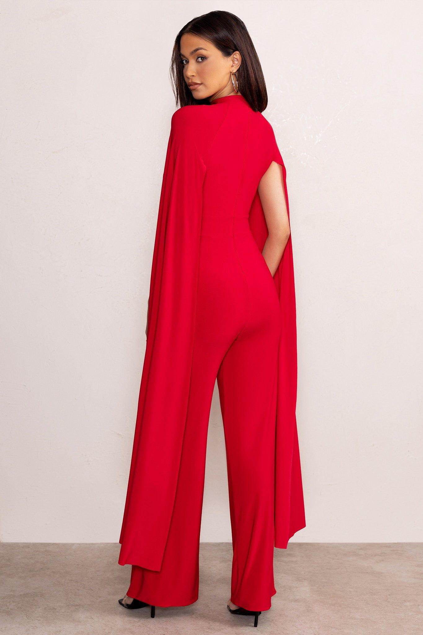 Louisa | Red Plunge Neck Jumpsuit with Floor Length Cape Sleeves sold by Club L London product image thumbnail 3