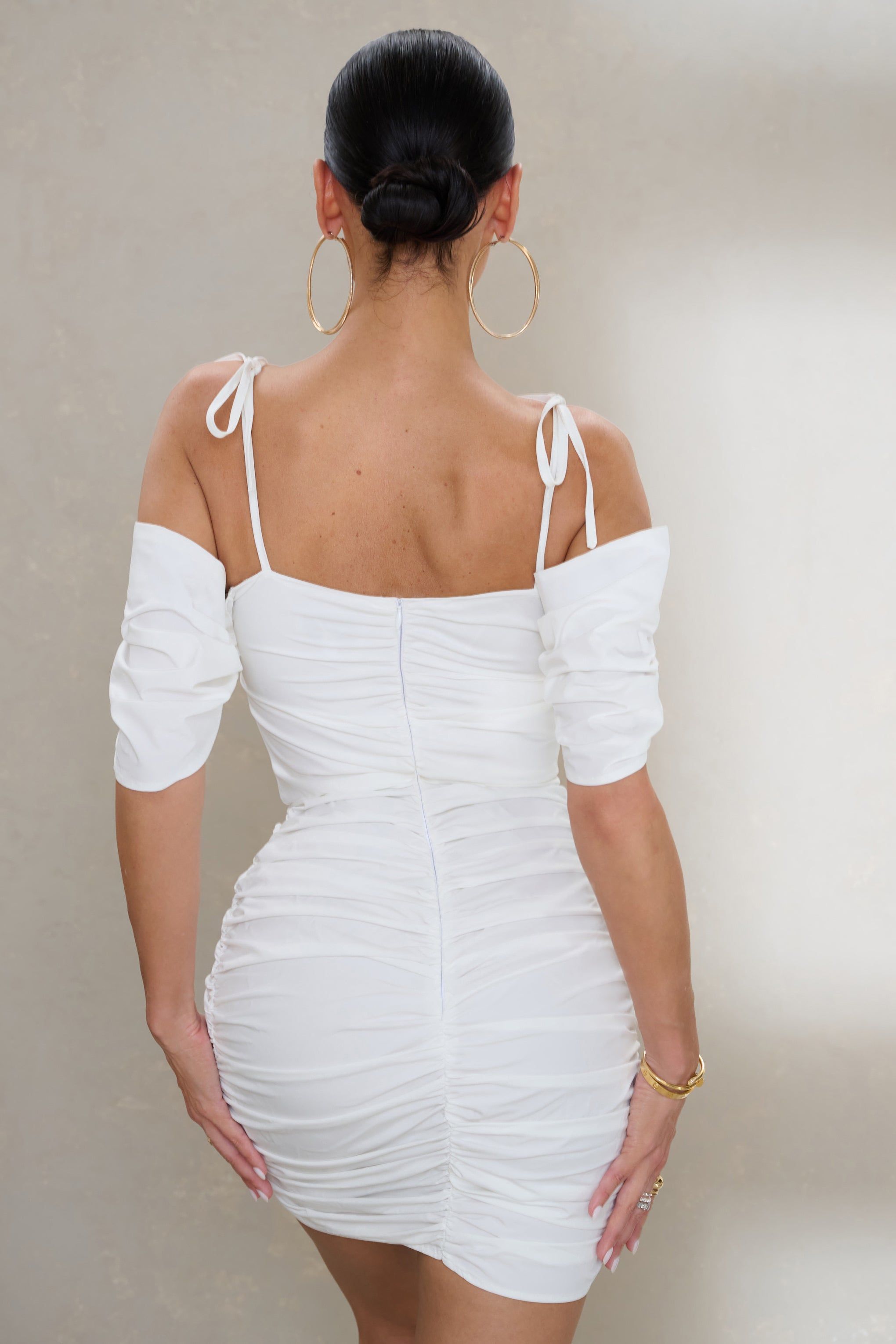 All A Dream | White Sweetheart Neckline Off The Shoulder Ruched Mini Dress sold by Club L London product image thumbnail 2