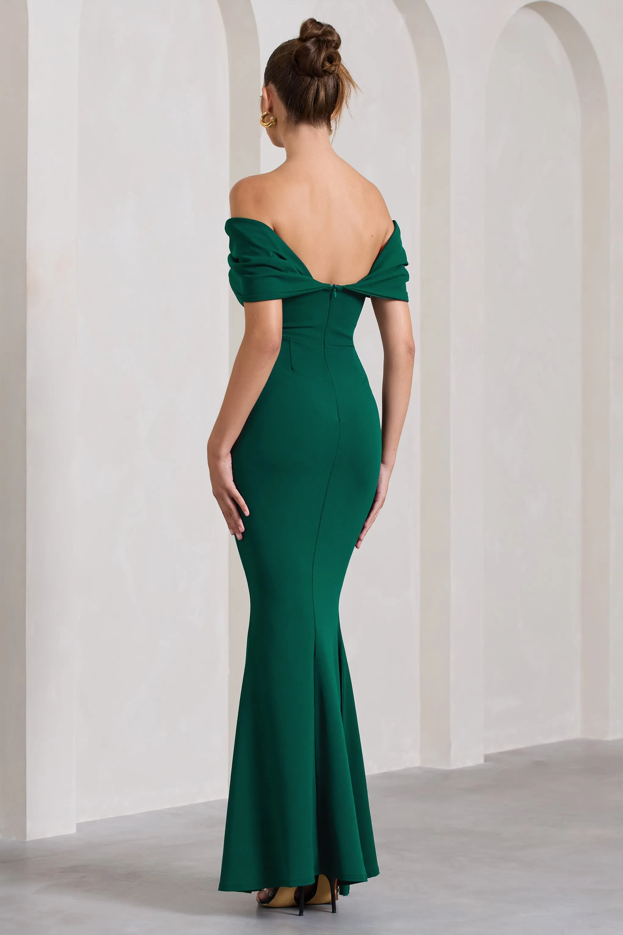 Dana | Bottle Green Bardot Maxi Dress With Short Gathered Sleeves sold by Club L London product image thumbnail 2
