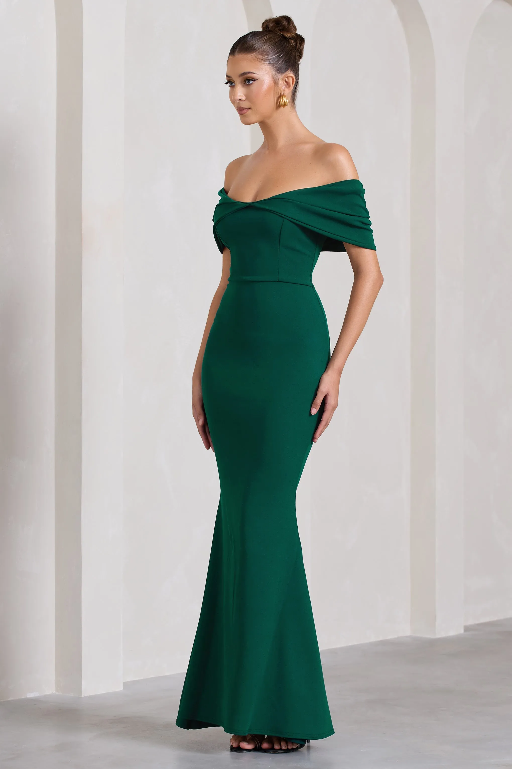 Dana | Bottle Green Bardot Maxi Dress With Short Gathered Sleeves sold by Club L London product image thumbnail 4