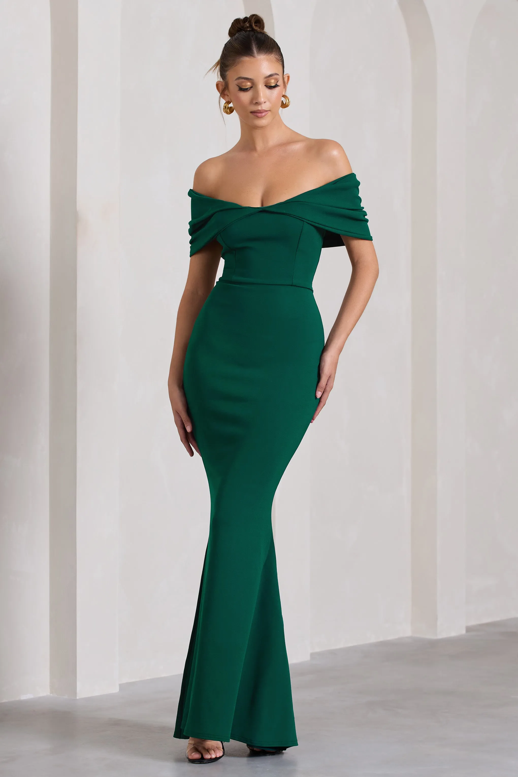 Dana | Bottle Green Bardot Maxi Dress With Short Gathered Sleeves sold by Club L London